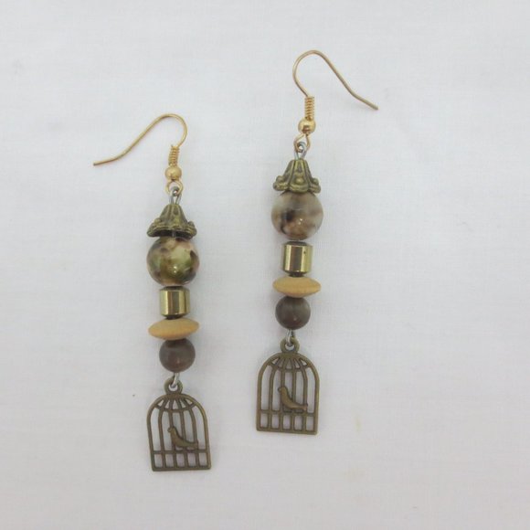 Natural Brown Agate Wood & Brass Dangle Earrings - Picture 3 of 6